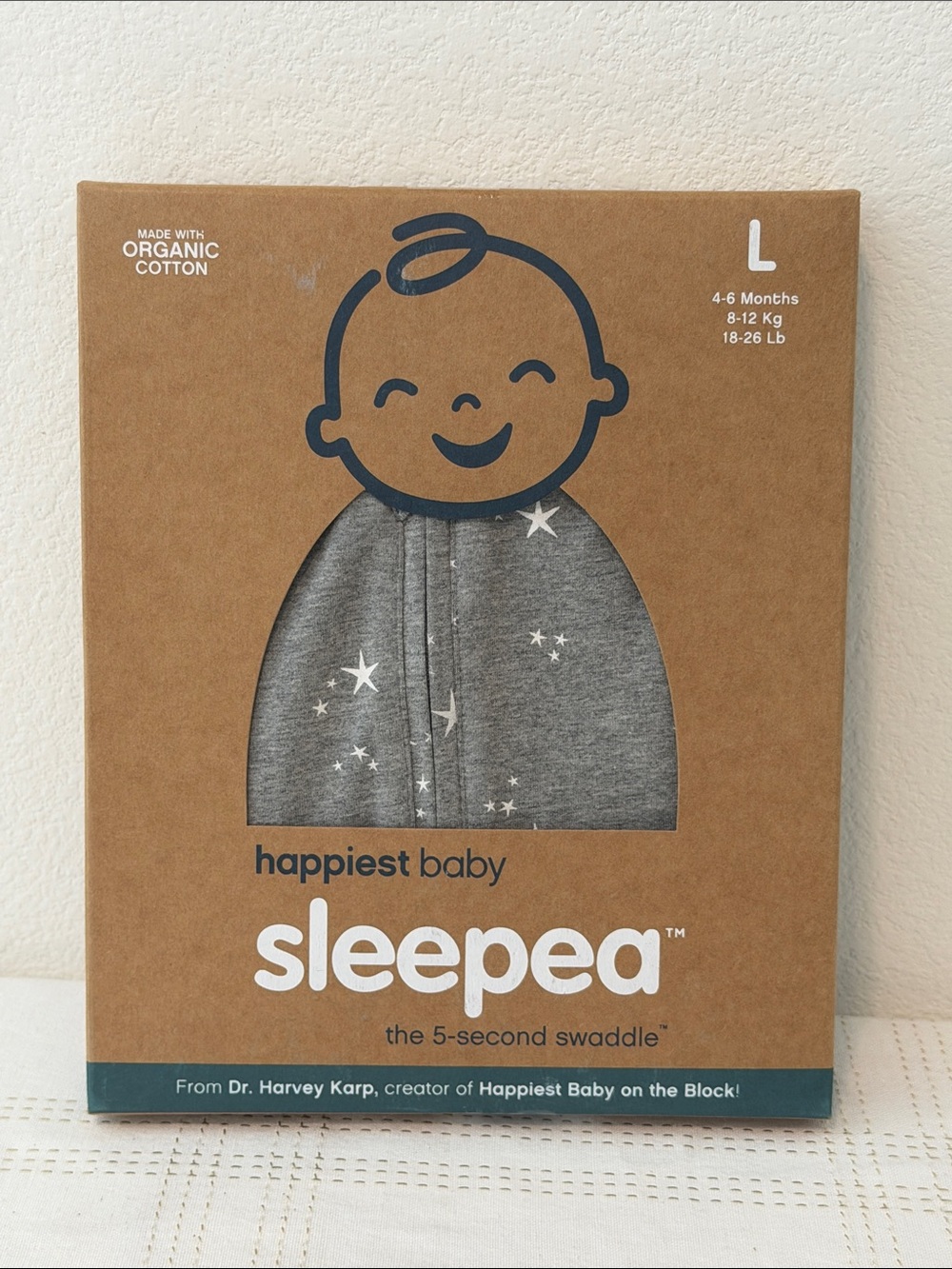 Happiest Baby Sleepea 5-second Swaddle Graphite Stars, L, 4-6 months